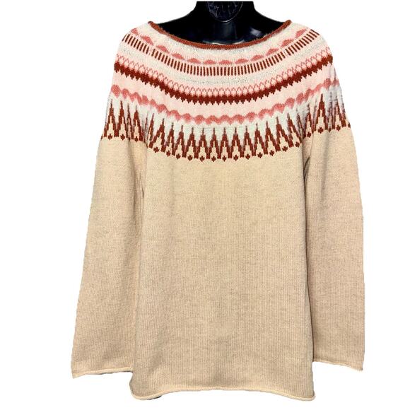 Sundance Fair Isle Medium Cotton Wool Sweater Cream Pink Brown Fuzzy Wide Neck - Picture 3 of 6